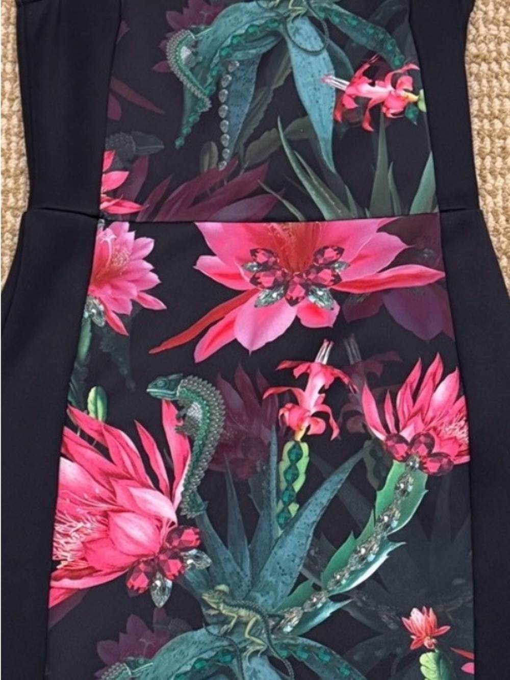 Ted Baker Black Midi Dress with Pink Floral & Green Botanical Print